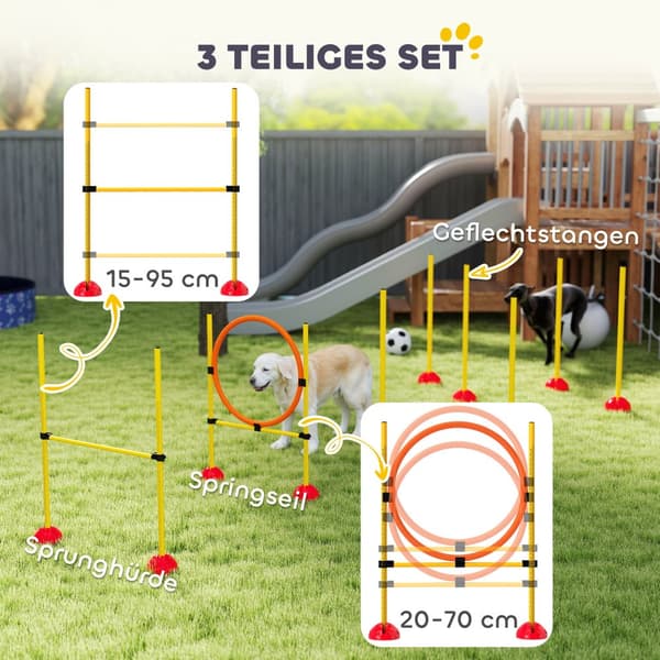 Koiran agilitysetti, Hyppyrengas: 83x19.5x103 cm, Hyppyeste: 124x19.5x103 cm, Slalomkeppi: 19.5x19.5x103 cm, Keltainen ja Oranssi
