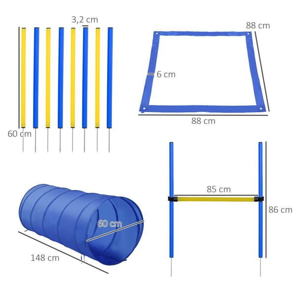 Koiran agilitysetti, Tunneli: 148x60 cm, Estetolpat: 86x3.2 cm, Slalomtolpat: 60x3.2 cm, Starttikenttä: 88x88 cm, Keltainen ja sininen