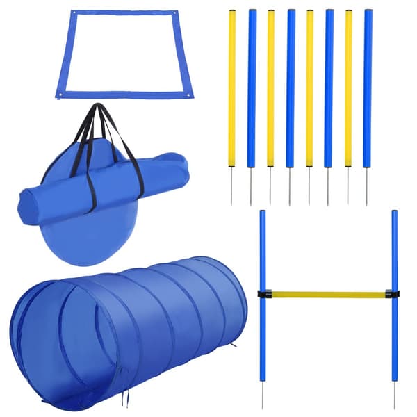 Koiran agilitysetti, Tunneli: 148x60 cm, Estetolpat: 86x3.2 cm, Slalomtolpat: 60x3.2 cm, Starttikenttä: 88x88 cm, Keltainen ja sininen