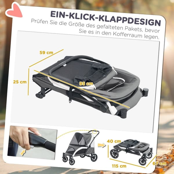 Rootz Foldbar Dog Buggy - Pet Car - Pet Barnvagn - enkel förvaring - 124 cm x 67 cm x 100 cm - Grå