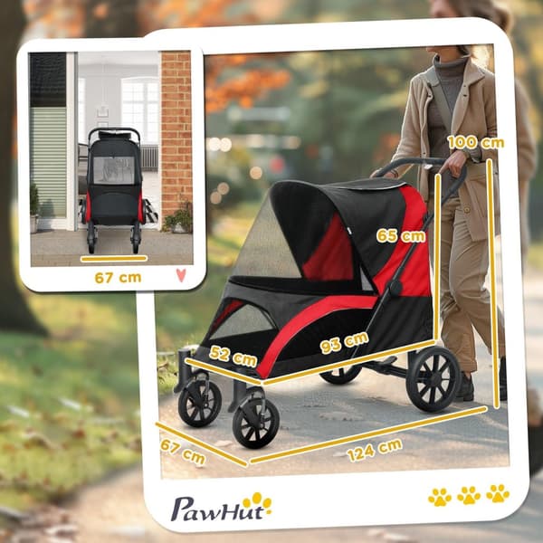 Rootz Foldbar Dog Car - Dog Buggy - Pet Barnvagn - Komfortturer - 124 cm x 67 cm x 100 cm - Svart, röd