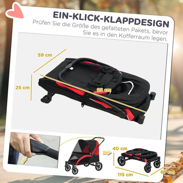 Rootz Foldbar Dog Car - Dog Buggy - Pet Barnvagn - Komfortturer - 124 cm x 67 cm x 100 cm - Svart, röd