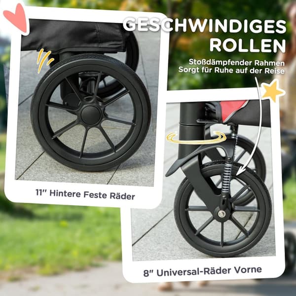 Rootz Foldbar Dog Car - Dog Buggy - Pet Barnvagn - Komfortturer - 124 cm x 67 cm x 100 cm - Svart, röd