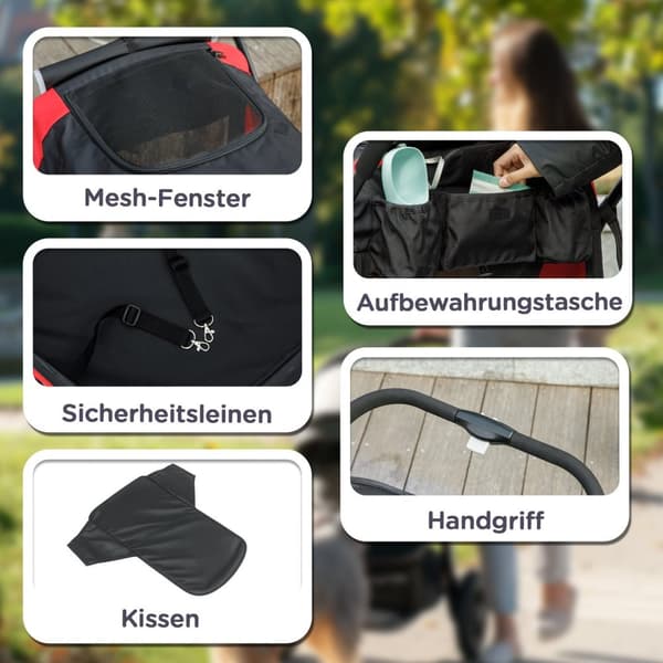 Rootz Foldbar Dog Car - Dog Buggy - Pet Barnvagn - Komfortturer - 124 cm x 67 cm x 100 cm - Svart, röd