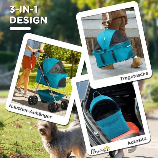 Rootz 3 -i -1 Pet -vagnar - Fällbara hundbilar - Portable Animal Carrier - Easy Storage, 76x50x102cm - Perfekt för små husdjur, turkos