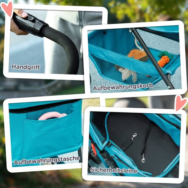 Rootz 3 -i -1 Pet -vagnar - Fällbara hundbilar - Portable Animal Carrier - Easy Storage, 76x50x102cm - Perfekt för små husdjur, turkos