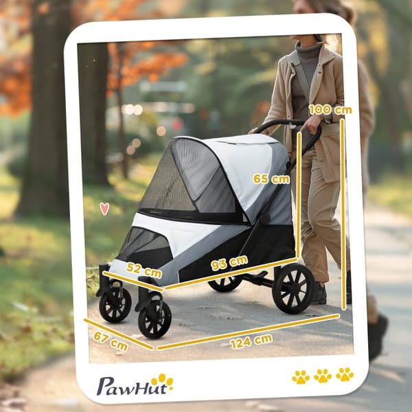 Rootz Dog Car Foldbar Buggy - Pet Barnvagn - hundbärare - Shock -Absorbing - 124 cm x 67 cm x 100 cm - för stora hundar upp till 30 kg, grå, svart