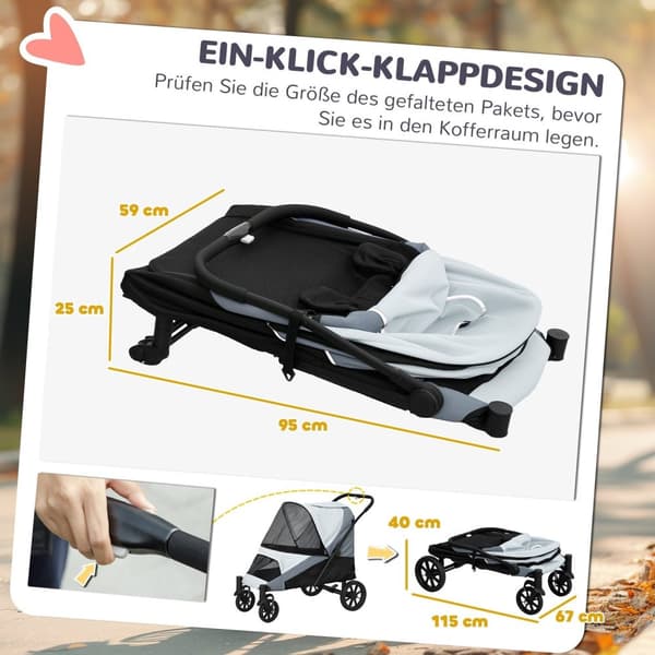 Rootz Dog Car Foldbar Buggy - Pet Barnvagn - hundbärare - Shock -Absorbing - 124 cm x 67 cm x 100 cm - för stora hundar upp till 30 kg, grå, svart