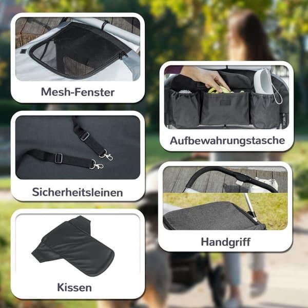 Rootz Dog Car Foldbar Buggy - Pet Barnvagn - hundbärare - Shock -Absorbing - 124 cm x 67 cm x 100 cm - för stora hundar upp till 30 kg, grå, svart