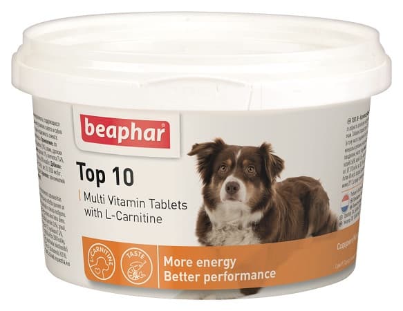 Beaphar Top 10, Hund, Tablett, Allmän hälsa, Vitamin A, Vitamin B1, Vitamin B12, Vitamin B2, Vitamin B3, Vitamin B6, Vitamin D3, Vitamin E,..., Kalci