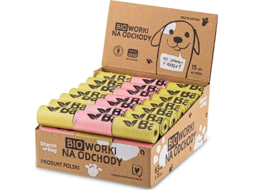 STARCHBAG Compostable BIO manure bags 63 rolls x 15 pcs, mix 30 x roses, 33 x green