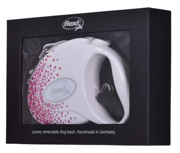 FLEXI Glam Splash Pink Swarovski-kristalleilla M - Fleksibel hundesnor - 5 m - hvid