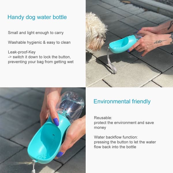 Bärbar vattenflaska i plast för hundar med 350 ml fyllnadskapacitet - För långa promenader, vandringar och resor