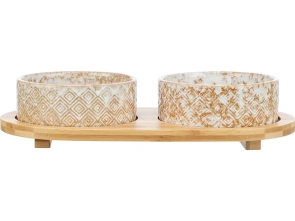 Trixie Bowl set,2×0.3l/ø12cm/30×6×15cm,white-lightbrown/lightbrown