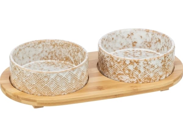 Trixie Bowl set,2×0.3l/ø12cm/30×6×15cm,white-lightbrown/lightbrown