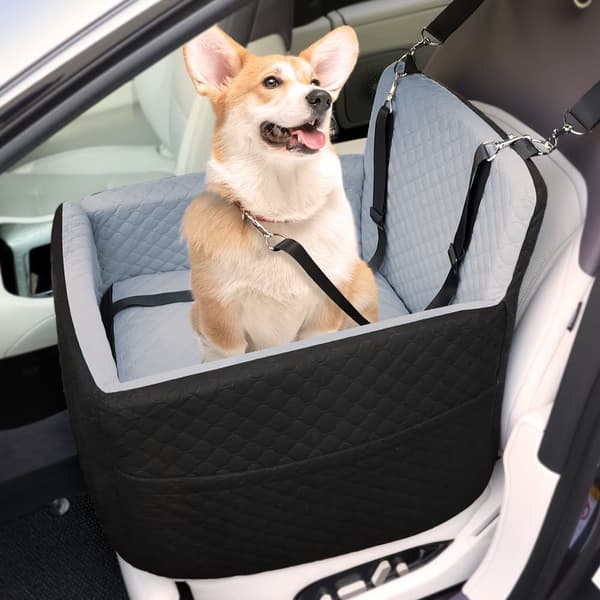 Hundeautostol, hundesæde bilbagsæde til under 15 kg, aftagelig vaskbar hundeautostol med tyk pude 2 sikkerhedssnore sort+grå