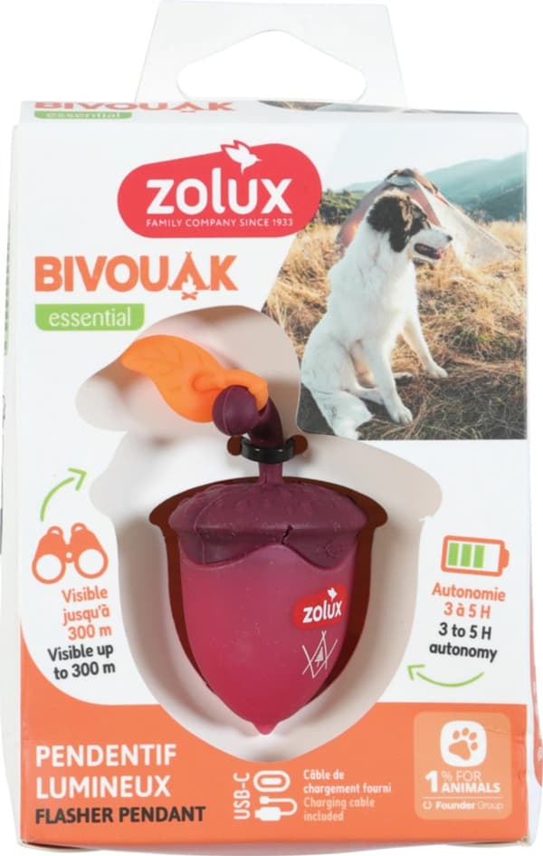 ZOLUX Bivouak Lysande Hängsmycke för Halsband Valnöt LED USB Röd - Hundadressbricka - 6x4x3 cm