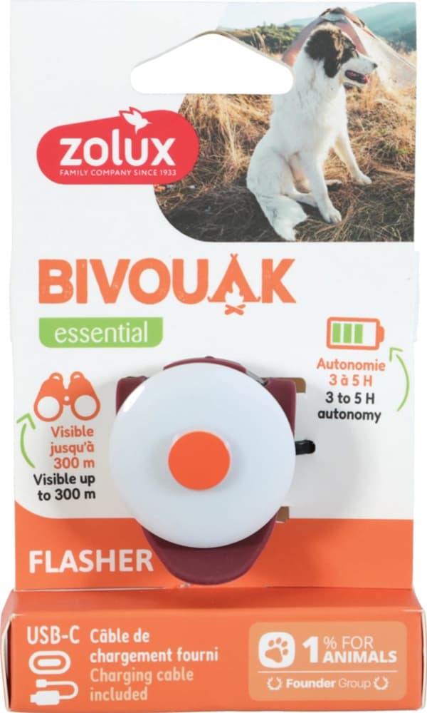 ZOLUX Bivouak LED halsbåndsmærke med USB-opladning rød – Hunde-ID-mærke – 8,9x3,7x1,9 cm