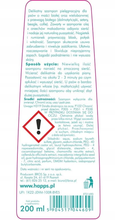 Happs Care -shampoo vaaleille koirille 200 ml kosteuttava
