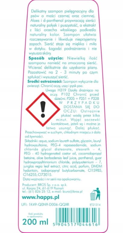 Happs Shampoo til hunde med mørk pels 200ml glans og pleje