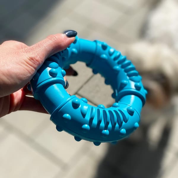 Praktisk Tyggeleketøy i blå gummi på 12,5 x 4 cm for store og små hunder, for tannpleie og interaktiv lek