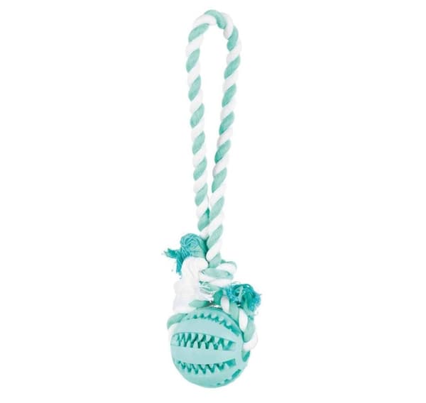 Leksak för hundar DentaFun Naturgummiboll på ett rep, ø 7 × 24 cm