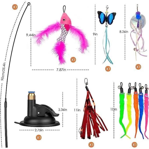 Kattleksaker Set med 10 stycken Flygande fiskfjäder Katt Teaser Stick Byte av pannband Bell