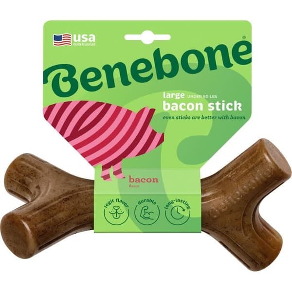 Benebone Chew stick leksak för vuxna hundar, storlek L, baconsmak, hållbar och resistent