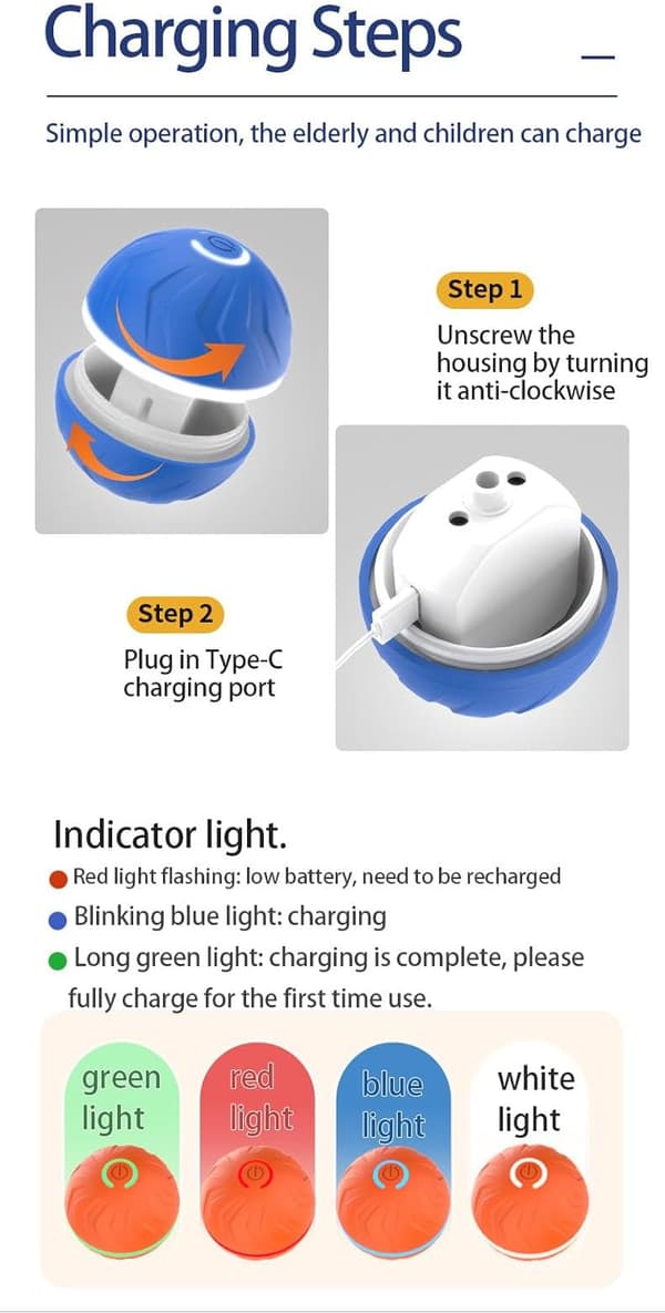 Lollanda Hundleksak Vibrerande Boll, Rullande Boll, tuggboll för Hundar och katter Tuggbboll för Hundar – LED, 360° Smart