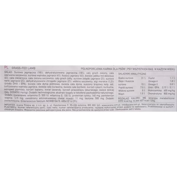 Foder Acana Grass-Fed Vuxen Lamm Grönsak 6 Kg