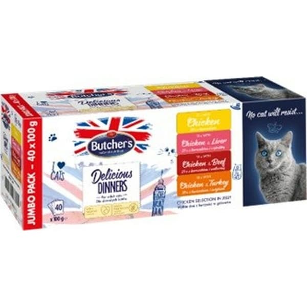 Kattemad Butcher's Delicious Kylling Kalkun Oksekød Lever 40 x 100 g