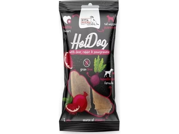 SYTA MICHA Chewy Hot Dog Kanin med granatäpple i hjortskinn - hunddelikatess - 2 st.