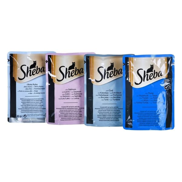 Kattmat Sheba Fine Flakes Lax Tonfisk Fisk Torsk 80 x 85 g