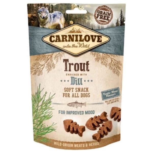Halvfuktiga öring- och dillgodis för hundar - Carnilove