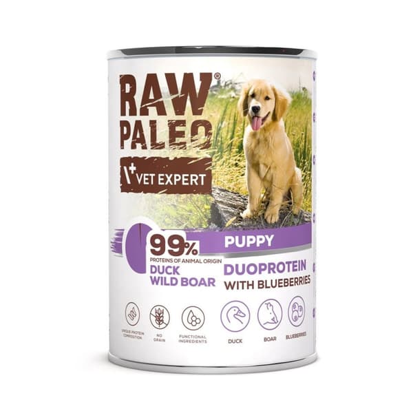 Kostea ruoka VETEXPERT RAW PALEO Duoprotein Duck & Boar Puppy 400 g