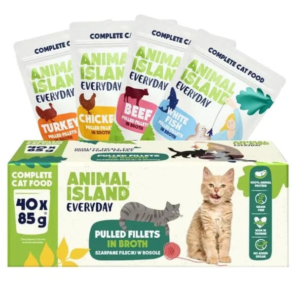 Kattmat ANIMAL ISLAND Everyday Beef, chicken, turkey and white fish fillets in broth 40 x 85 g