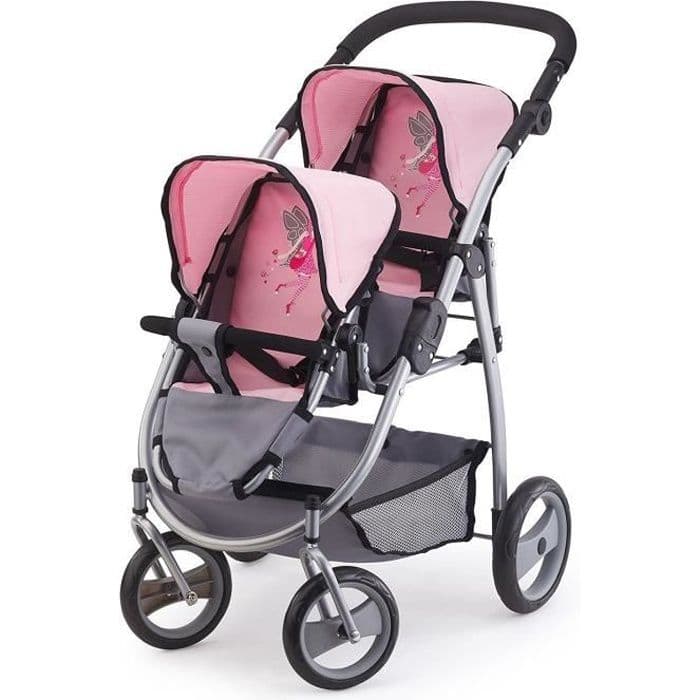BAYER Twin Barnvagn för docka - Grå / rosa