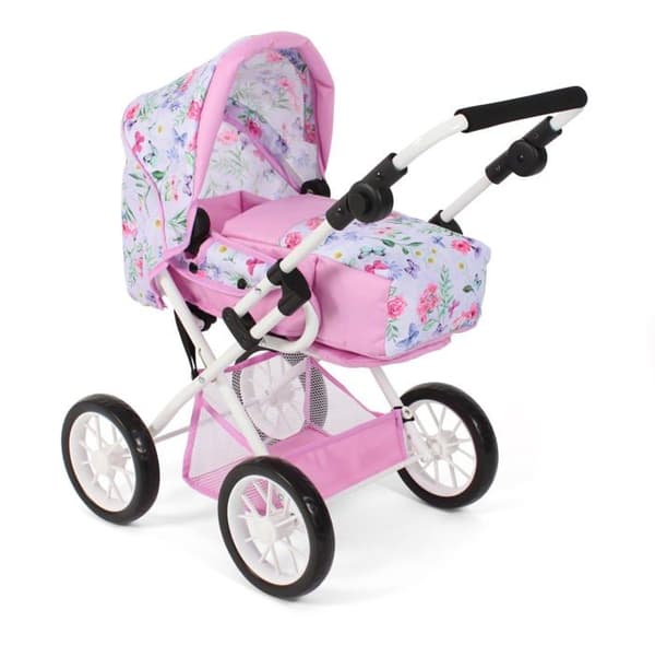 Bayer chic - 560-53 - 2000 - Barnvagn för Leni docka, 2 i 1 med avtagbar bärväska, blommor, rosa, lila,