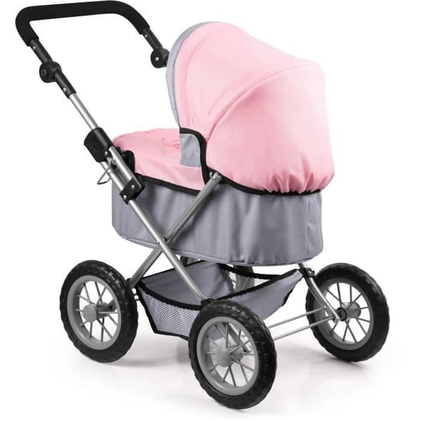 Trendig dockvagn - BAYER - Grå och rosa - Justerbar - För dockor upp till 46 cm