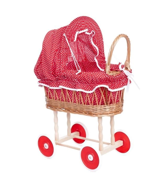 Vit flätad barnvagn med rött tyg med vita prickar för flicka - EGMONT TOYS