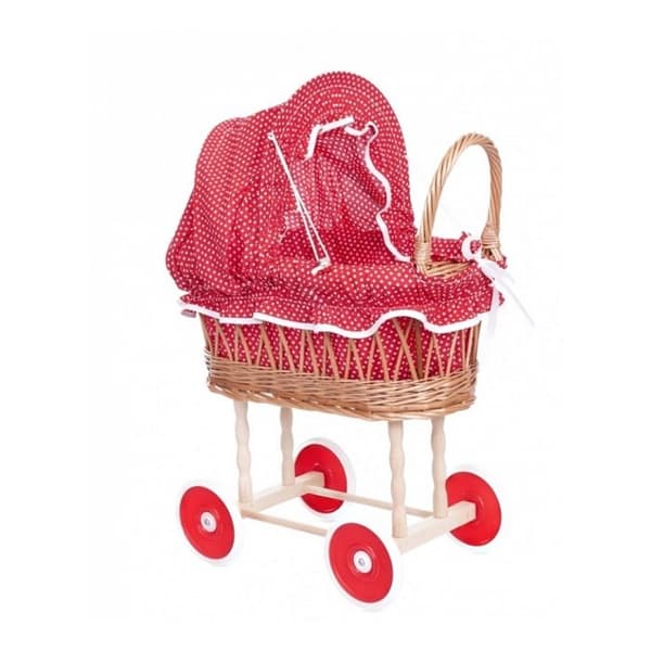 Vit flätad barnvagn med rött tyg med vita prickar för flicka - EGMONT TOYS