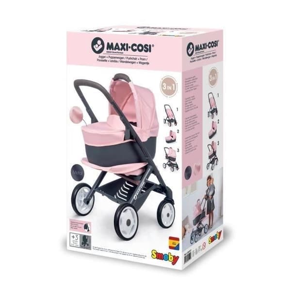 SMOBY - Bébé Confort - Barnvagn + Barnvagn 3 i 1 för spädbarn och dockor - Tysta och flerriktade hjul