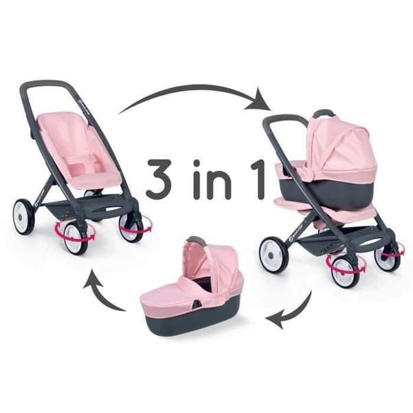 SMOBY - Bébé Confort - Barnvagn + Barnvagn 3 i 1 för spädbarn och dockor - Tysta och flerriktade hjul