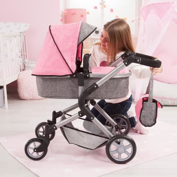 BAYER Neo Star dockvagn grå och rosa med axelväska och integrerad justerbar varukorg - konvertibel barnvagn
