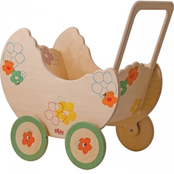 Trävagn till Dida docka - Blomsterdekoration - 35 cm hög