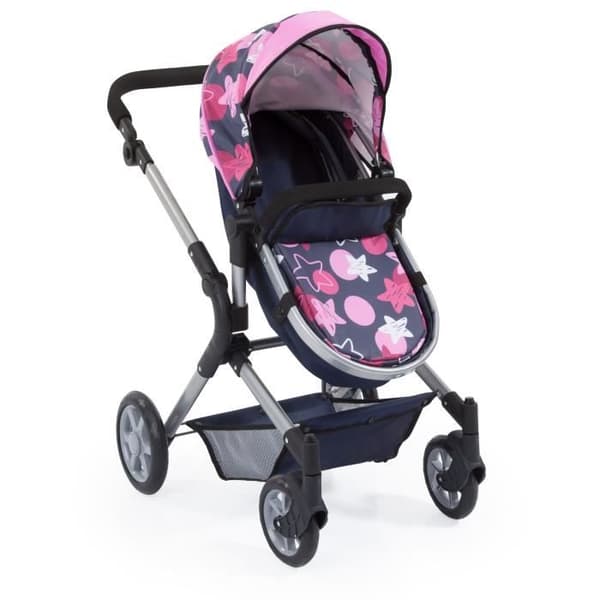 Barnvagn till Neo Star BAYER DESIGN docka - Blå och rosa stjärnor - Konvertibel till barnvagn