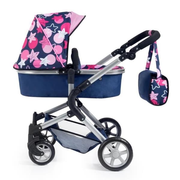 Barnvagn till Neo Star BAYER DESIGN docka - Blå och rosa stjärnor - Konvertibel till barnvagn