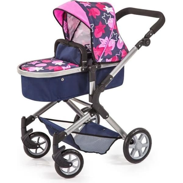 Barnvagn till Neo Star BAYER DESIGN docka - Blå och rosa stjärnor - Konvertibel till barnvagn