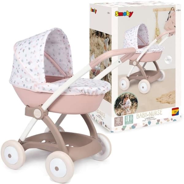 Barnvagn för Baby Nurse docka - Smoby - Med liggdel och plastkapell - Rosa och vit