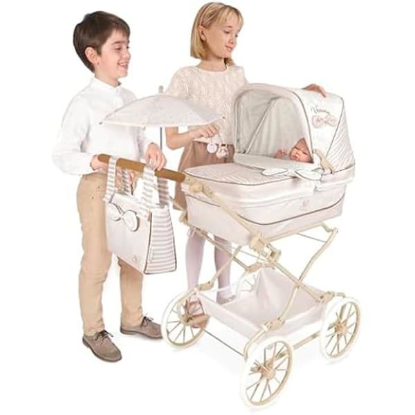 Reborn Dolls Barnvagn - DE CUEVAS - Verona - Vikbar - Paraply ingår - Beige och ljusgrå